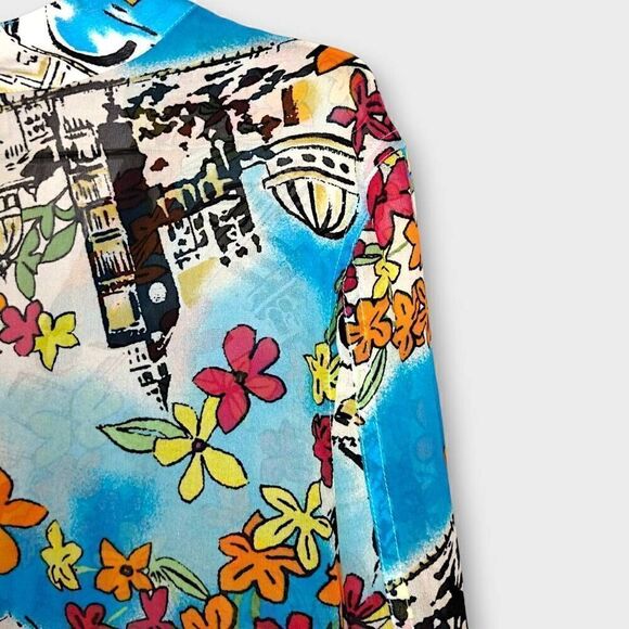 Marsh Landing Top Womens Medium Silk Button Down Tunic Shirt Tropical Coverup - Picture 7 of 10